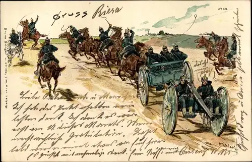 Künstler Litho Salach, O., Gruß aus dem Manöver, Kaiserreich, Auffahrende Artillerie