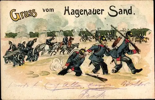 Litho Gruß vom Hagenauer Sand, Soldaten stecken im Sand fest