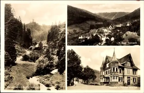 Ak Bad Teinach Zavelstein im Nordschwarzwald, Teinachtal mit Ruine, Gasthof und Pension Moersch, Ort