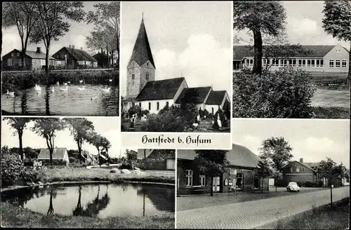 Ak Hattstedt in Nordfriesland, Kirche, Schule, Teich, Handlung