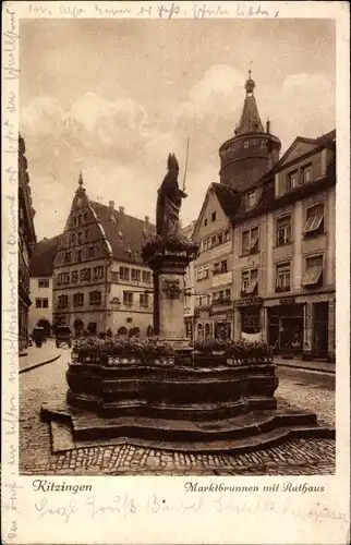 Ak Kitzingen in Mainfranken Bayern, Marktbrunnen mit Rathaus
