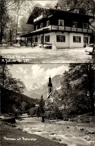 Ak Ramsau im Berchtesgadener Land Oberbayern, Gasthof Palvenhörner, Kirche mit Reiteralpe, Brücke