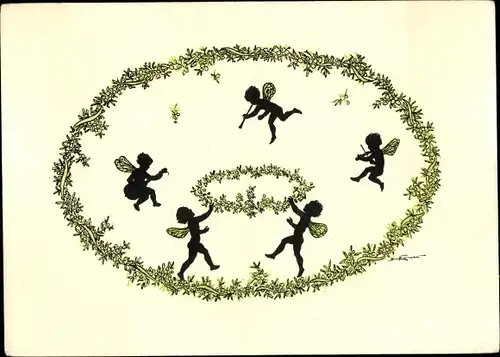 Scherenschnitt Ak Forck, Elsbeth, Elfenreigen, Blumenranke
