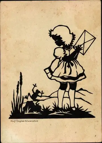 Scherenschnitt Ak Mädchen mit Brief, Frosch