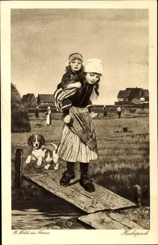 Künstler Ak Hirth du Frênes, Rudolf, Huckepack, Mädchen in niederländischen Volkstrachten