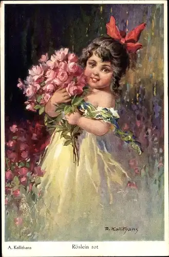 Künstler Ak Kallithans, A., Röslein rot, Mädchen, Rosenstrauß