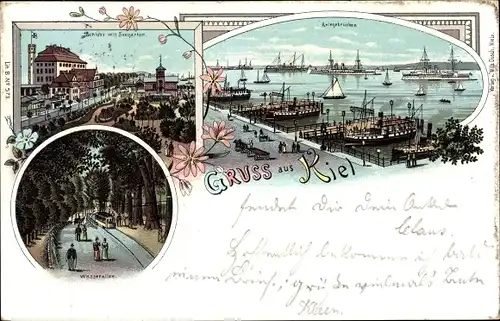 Litho Kiel in Schleswig Holstein, Schloss, Seegarten, Anlegebrücke, Wasserallee