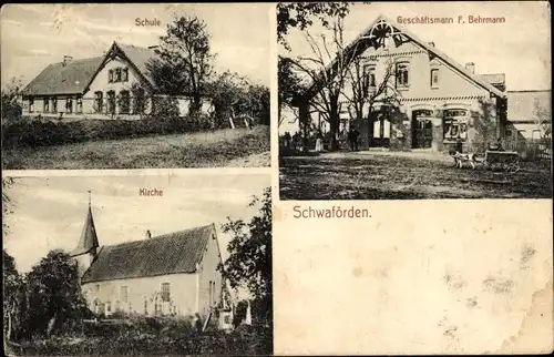 Ak Schwaförden Niedersachsen, Schule, Kirche, Geschäftshaus, Hundekarren