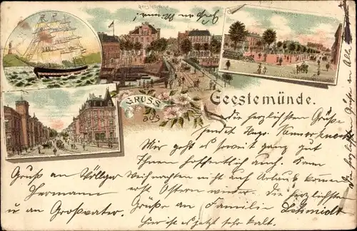 Litho Geestemünde Bremerhaven, Marktplatz, Segelschiff, Geestebrücke