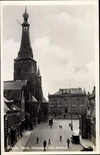 Ak Tilburg Nordbrabant, Heikekerk met Stadhuis, Straßenpartie, Passanten, Automobile