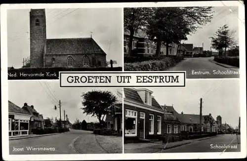 Ak Eestrum Friesland, Schoolstraat, Joost Wiersmaweg, N. H. Kirche