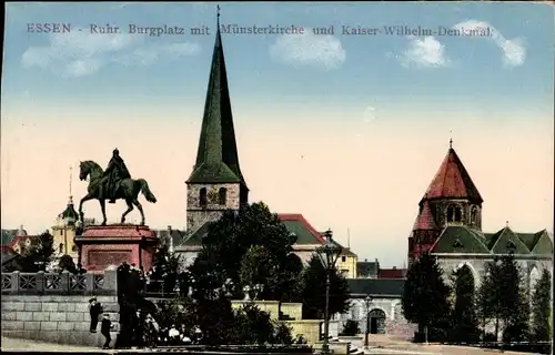 Ak Essen im Ruhrgebiet, Burgplatz, Münsterkirche, Kaiser-Wilhelm-Denkmal