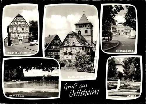 Ak Oetisheim Ötisheim im Enzkreis Württemberg, Pflegehof Gaststätte, Kirche, Schwimmbad