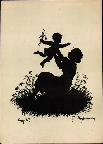 Scherenschnitt Ak Hoffmann, H., Mutter mit Kind auf einer Wiese