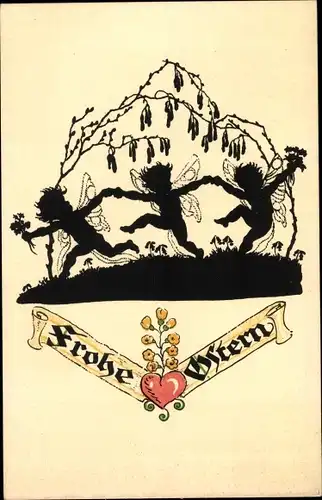 Scherenschnitt Ak Plischke, Georg, Glückwunsch Ostern, Elfen
