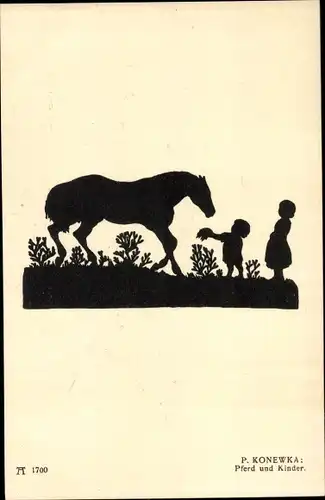 Scherenschnitt Ak Konewka, Paul, Pferd und Kinder