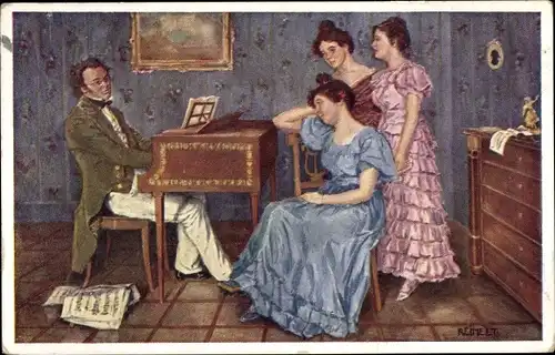 Künstler Ak Reinelt, Mann am Klavier, Frauen hören zu, Franz Schubert