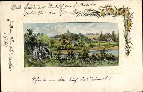 Präge Litho Landschaft mit Wassermühle