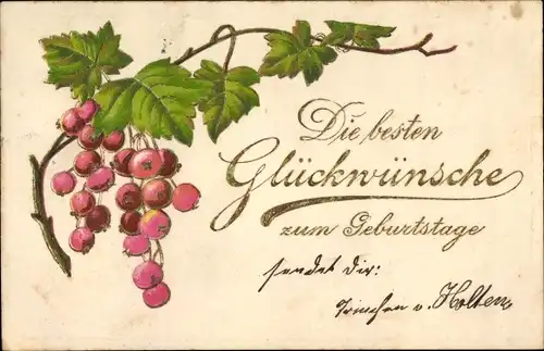 Präge Litho Glückwunsch Geburtstag, Johannisbeeren am Zweig