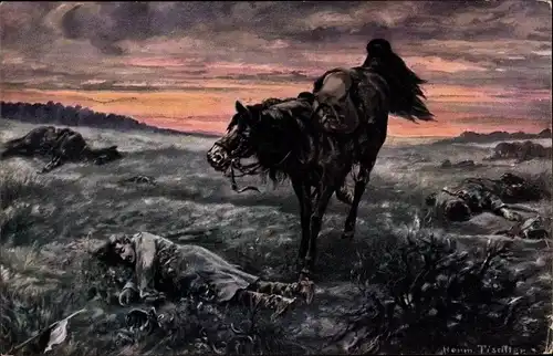 Künstler Ak Tischler, Herm., Tote Soldaten auf dem Schlachtfeld, Pferd, Wach auf, I. WK