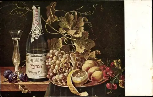 Ak Stillleben mit Sektflasche und Obst, Weintrauben, Zitrone, Matheus Müller