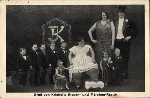 Ak Gruß von Krichel's Riesen und Märchenrevue, Liliputaner, Riesen, dicke Frau