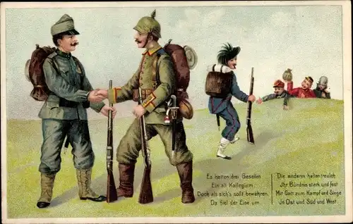 Gedicht Ak Es halten drei Gesellen, ein alt Kollegium, deutscher Soldat, KuK, England, Frankreich