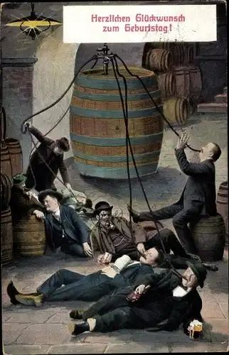 Ak Glückwunsch Geburtstag, Betrunkene Männer im Bierkeller, Bierfässer