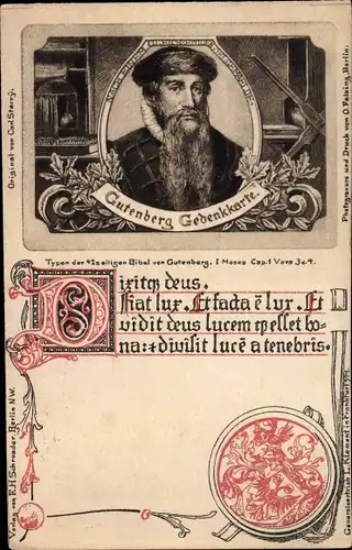 Ak Gutenberg Gedenkkarte, Typen der Gutenberg Bibel, I Moses Kap. I, Vers 3 c 4