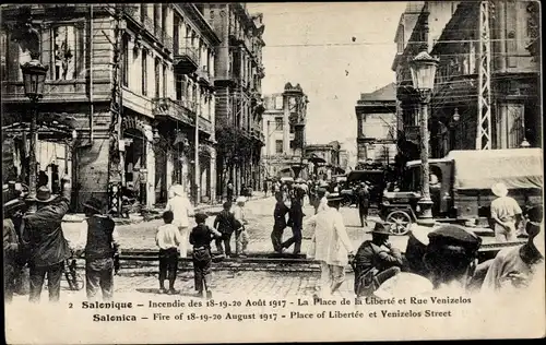 Ak Thessaloniki Griechenland, Place de la Liberté, Rue Venizelos, Ruinen nach Brand 1917