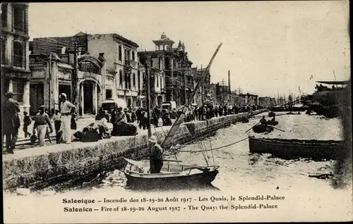 Ak Thessaloniki Griechenland, Les Quais, Splendid Palace, Ruinen nach Brand 1917