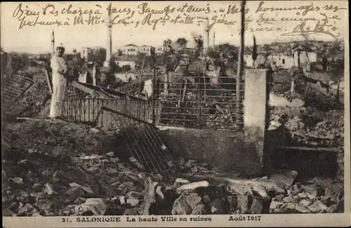 Ak Saloniki Griechenland, La haute Ville en ruines, 1917, Ruinen nach dem Brand