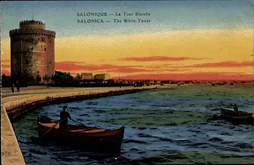 Ak Salonique Griechenland, La Tour Blanche, Blick zum Weißen Turm, Mann im Boot