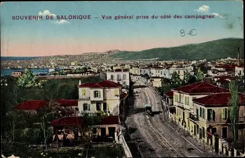 Ak Saloniki Thessaloniki Griechenland, Vue general prise due cote des campagnes, Straßenbahn