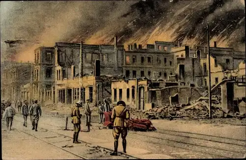 Ak Thessaloniki Griechenland, Straßenpartie mit Blick auf brennende Häuser, August 1917, I. WK