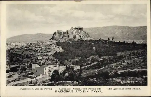 Ak Athen Griechenland, Akropolis, Ansicht von Pnyka aus