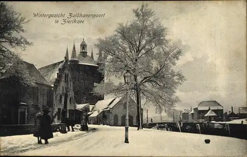 Ak Zierikzee Zeeland, Zuidhavenpoort, Wintergezicht te Zierikzee