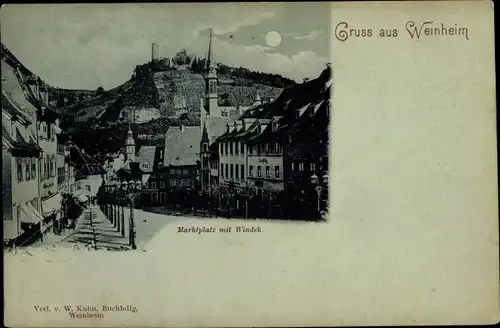 Mondschein Ak Weinheim an der Bergstraße Baden, Burgruine Windeck, Marktplatz