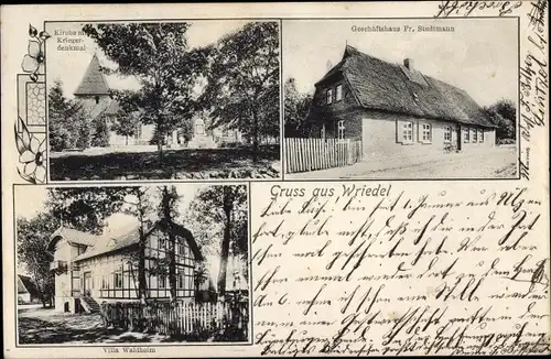 Ak Wriedel in der Lüneburger Heide, Kirche, Kriegerdenkmal, Geschäftshaus, Villa Waldheim