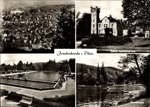 Ak Friedrichroda im Thüringer Wald, Gesamtansicht, Schloss Reinhardsbrunn, Gondelteich, Schwimmbad