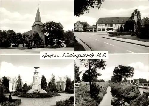 Ak Lüdingworth Cuxhaven in Niedersachsen, Kirche, Denkmal, Fluss, Hotel Norddeutscher Hof
