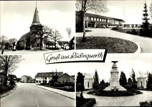 Ak Lüdingworth Cuxhaven in Niedersachsen, Kirchpartie, Denkmal, Hotel Norddeutscher Hof, Schule