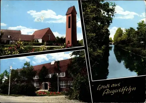 Ak Augustfehn Apen Ammerland, Blick auf die Kirche, Flussufer