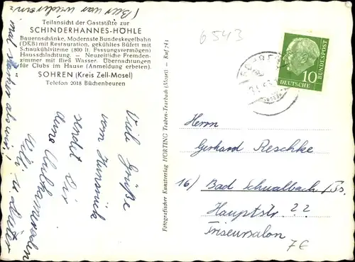 Ak Sohren im Hunsrück, Gaststätte Schinderhannes-Höhle, Innenansicht