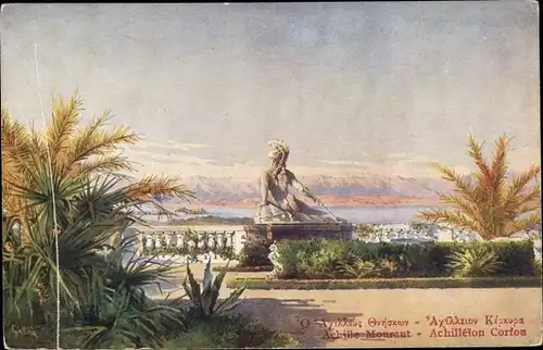 Künstler Ak Giallinà, Korfu Griechenland, Achille Mourant, Achillesstatue am Achilleion