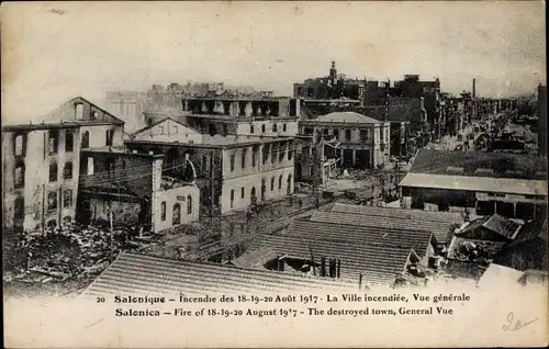 Ak Thessaloniki Griechenland, Incendie 1917, La Ville incendiee, Vue generale