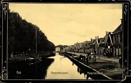 Passepartout Ak Heerenveen Friesland, Heerenwal, Kanal, Boot, Uferpartie, Häuserreihe