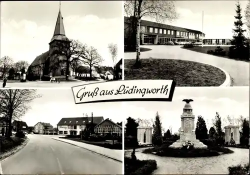 Ak Lüdingworth Cuxhaven in Niedersachsen, Kirchpartie, Denkmal, Hotel Norddeutscher Hof, Schule