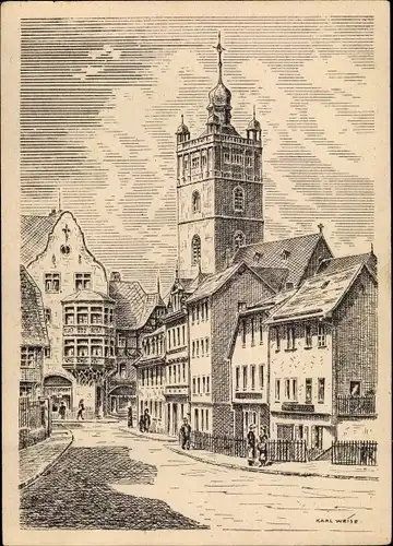 Künstler Ak Weise, Karl, Darmstadt, Pädagogstraße mit Stadtkirche