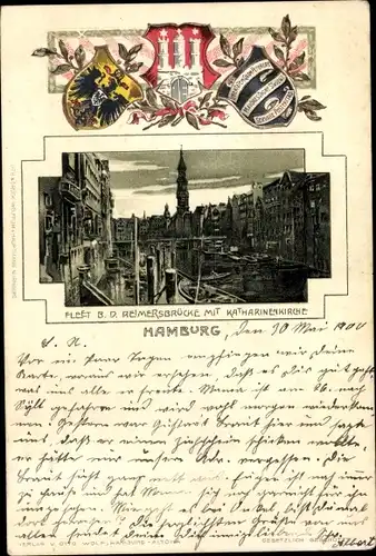 Wappen Litho Hamburg Altstadt, Fleet bei der Reimersbrücke mit Katharinenkirche